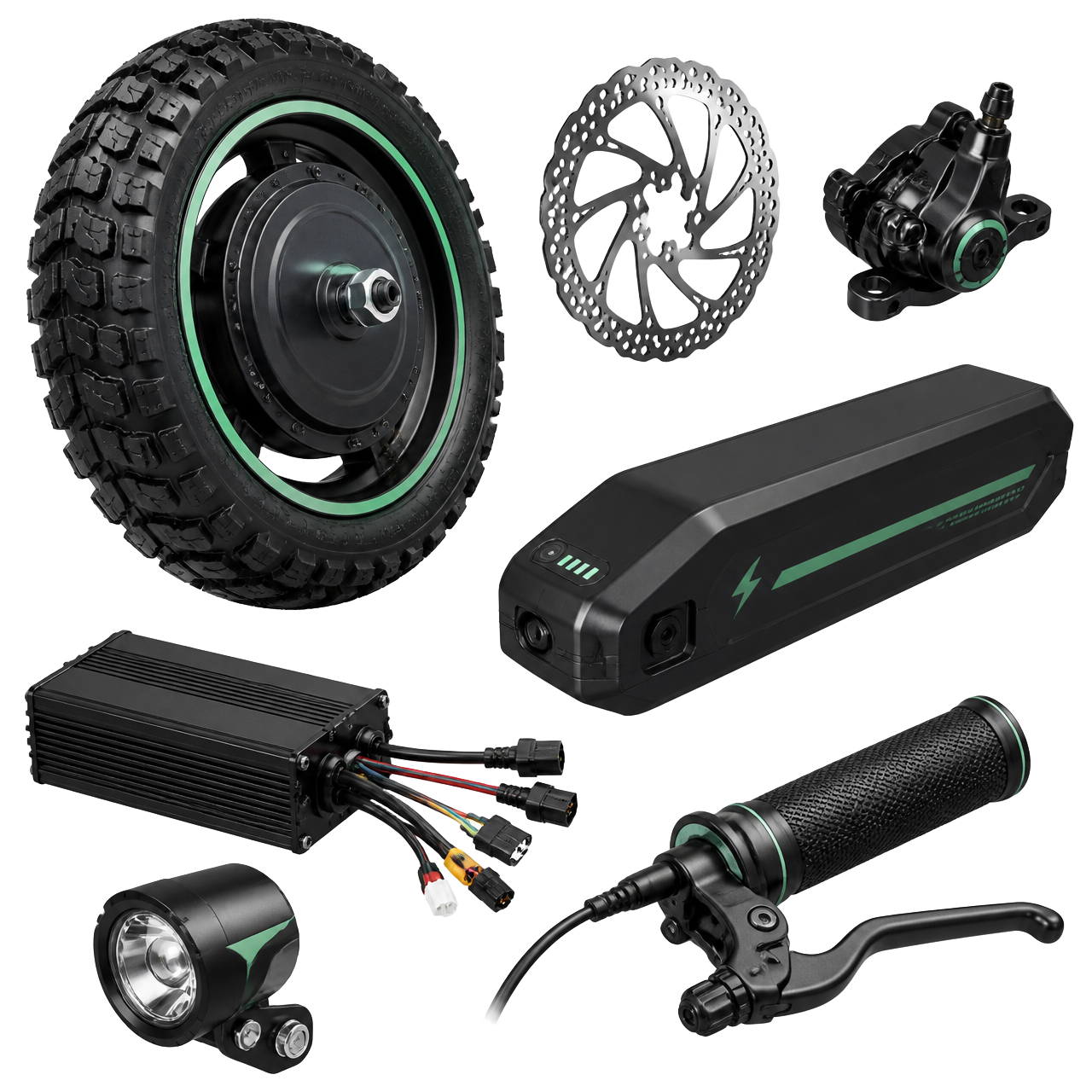 Pièces détachées de trottinette électrique : roue moteur, disque de frein, batterie, contrôleur, poignée et phare
